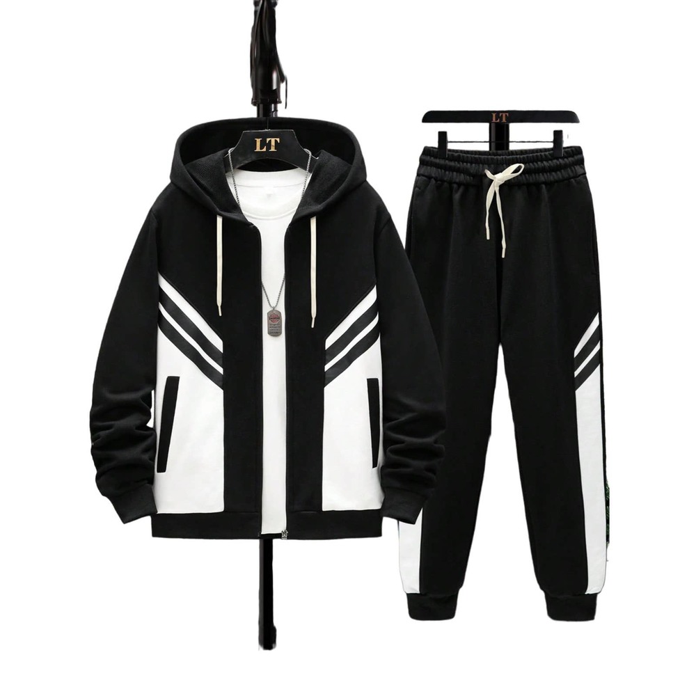 Men Two Tone Drawstring Hoodie & Sweatpants Wout Tee-BLK-M
